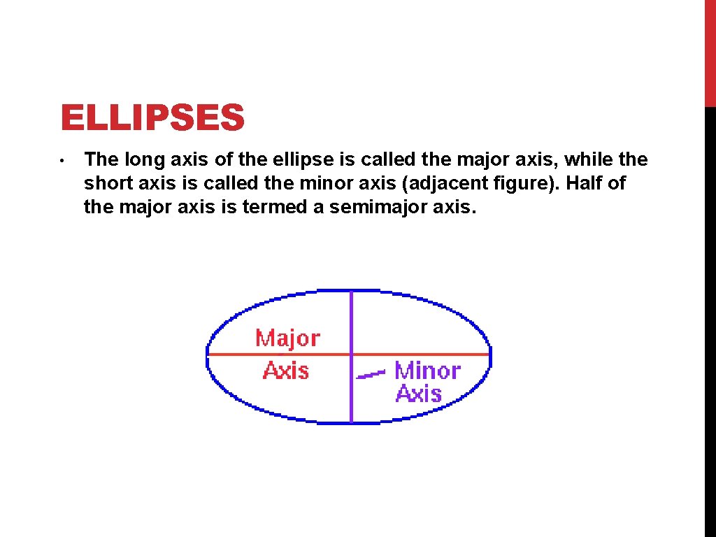 ELLIPSES • The long axis of the ellipse is called the major axis, while