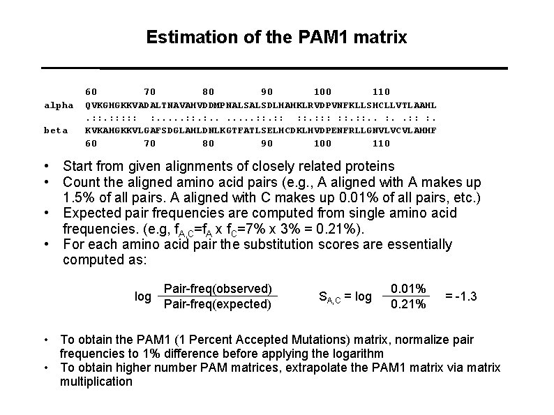 Estimation of the PAM 1 matrix alpha beta 60 70 80 90 100 110