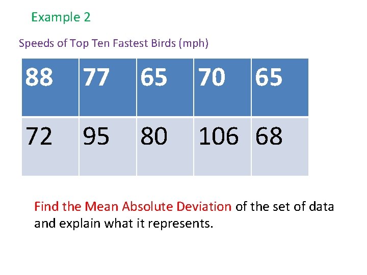 Example 2 Speeds of Top Ten Fastest Birds (mph) 88 77 65 70 65