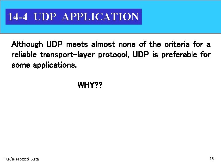 14 -4 UDP APPLICATION Although UDP meets almost none of the criteria for a