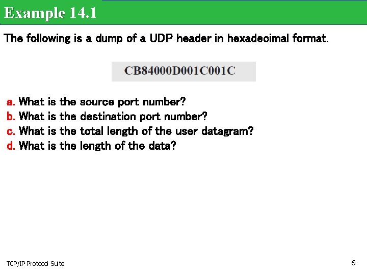 Example 14. 1 The following is a dump of a UDP header in hexadecimal