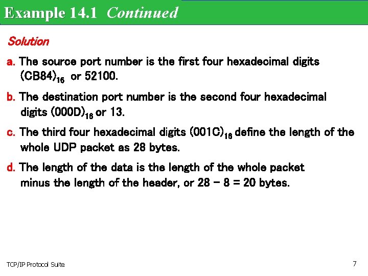 Example 14. 1 Continued Solution a. The source port number is the first four