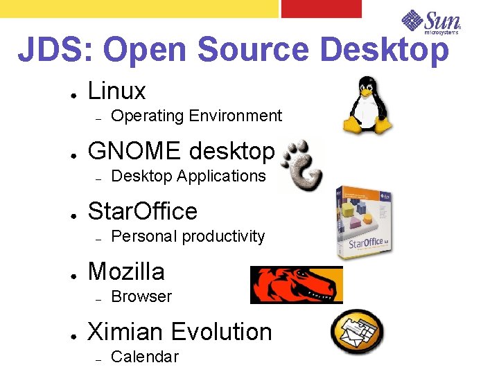 JDS: Open Source Desktop ● Linux – ● GNOME desktop – ● Personal productivity