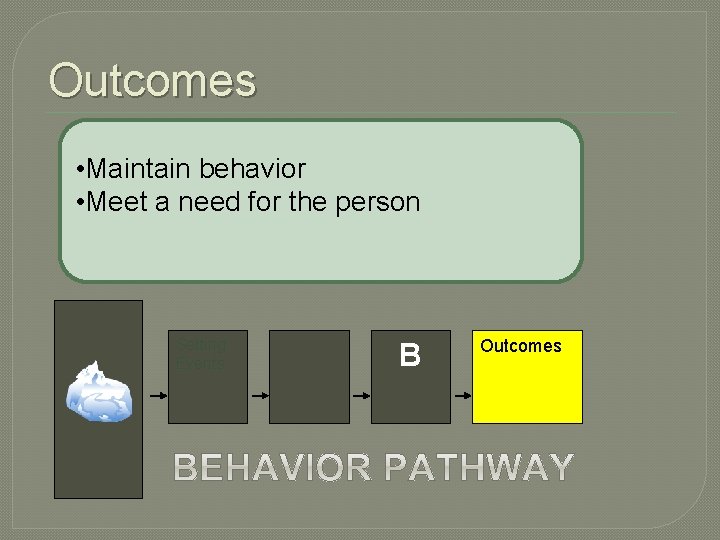 Outcomes • Maintain behavior • Meet a need for the person Setting Events B