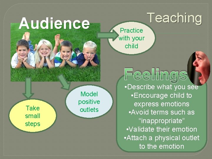 Audience Teaching Practice with your child Feelings Take small steps Model positive outlets •