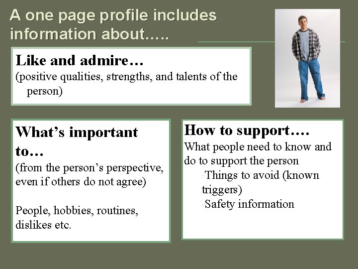 A one page profile includes information about…. . Like and admire… (positive qualities, strengths,