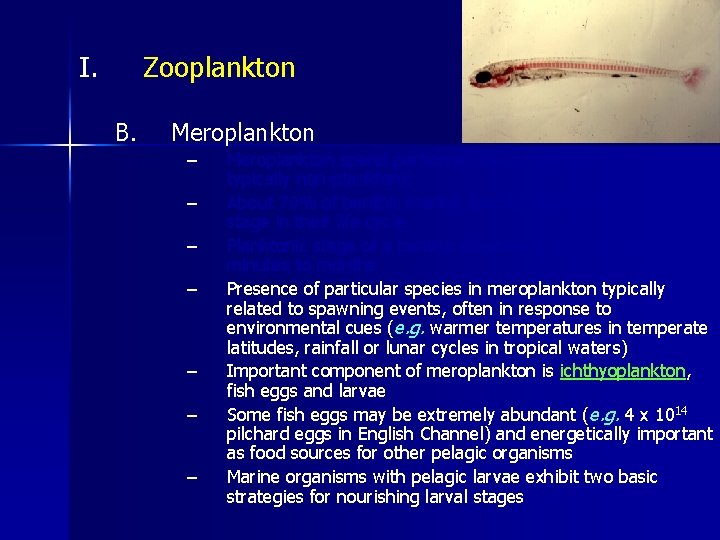 I. Zooplankton B. Meroplankton – – – – Meroplankton spend portion of life in