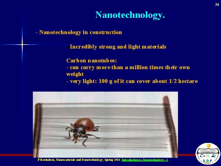 34 Nanotechnology. - Nanotechnology in construction Incredibly strong and light materials Carbon nanotubes: -