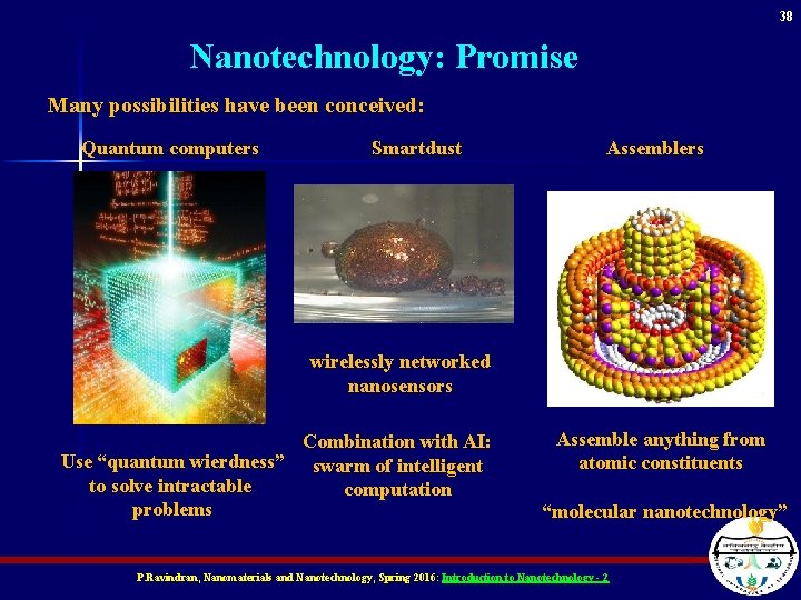38 Nanotechnology: Promise Many possibilities have been conceived: Quantum computers Smartdust Assemblers wirelessly networked