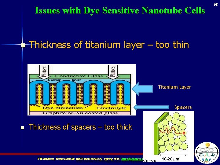 Issues with Dye Sensitive Nanotube Cells n Thickness of titanium layer – too thin