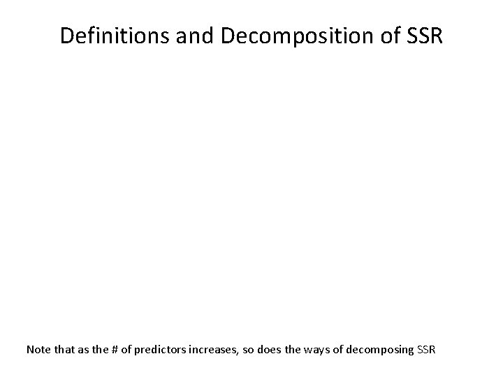 Definitions and Decomposition of SSR Note that as the # of predictors increases, so