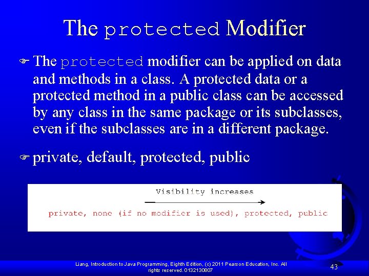 The protected Modifier F The protected modifier can be applied on data and methods