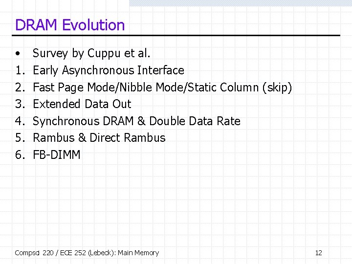 DRAM Evolution • 1. 2. 3. 4. 5. 6. Survey by Cuppu et al.