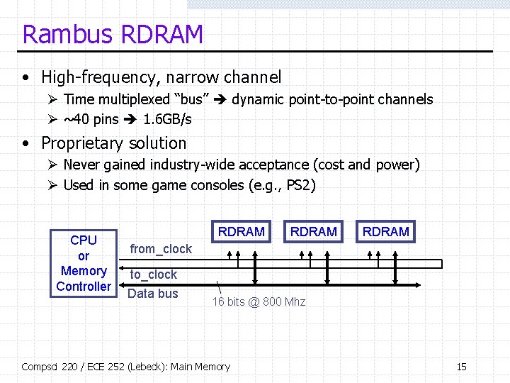 Rambus RDRAM • High-frequency, narrow channel Ø Time multiplexed “bus” dynamic point-to-point channels Ø