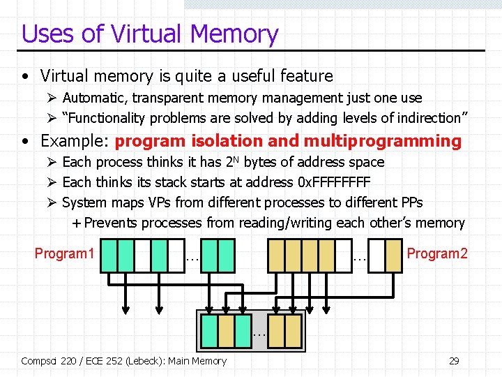 Uses of Virtual Memory • Virtual memory is quite a useful feature Ø Automatic,