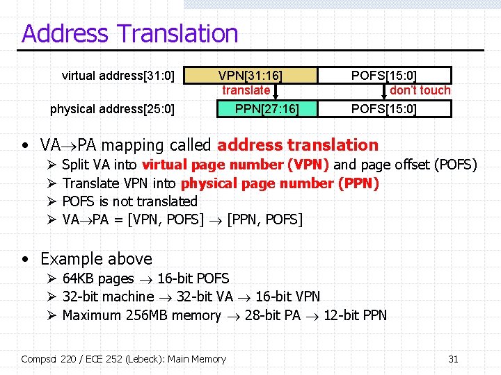 Address Translation virtual address[31: 0] physical address[25: 0] VPN[31: 16] translate PPN[27: 16] POFS[15: