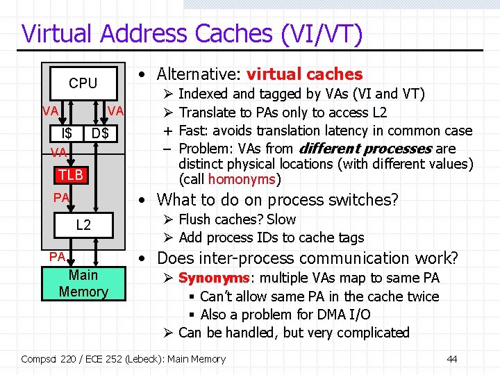 Virtual Address Caches (VI/VT) • Alternative: virtual caches CPU VA VA I$ D$ VA