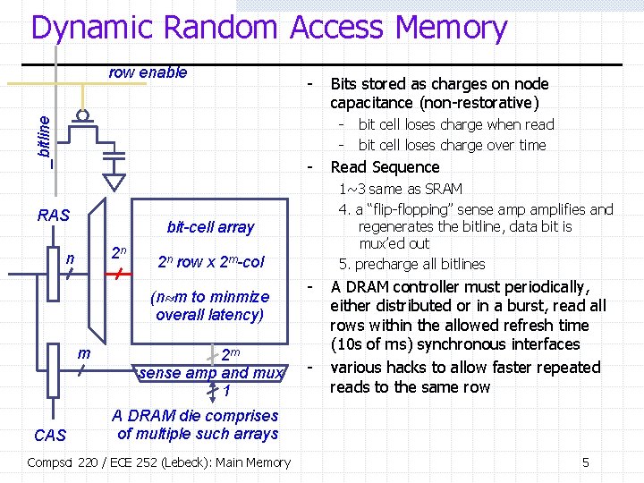 Dynamic Random Access Memory row enable - Bits stored as charges on node capacitance