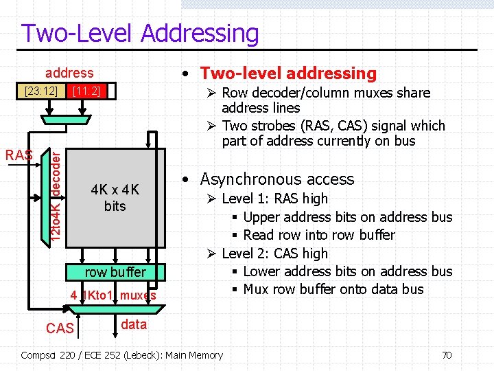 Two-Level Addressing • Two-level addressing address RAS Ø Row decoder/column muxes share address lines