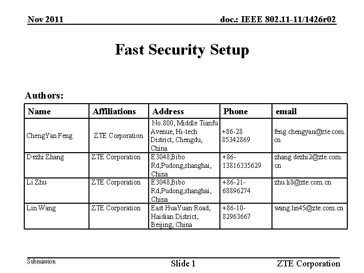 Nov 2011 doc. : IEEE 802. 11 -11/1426 r 02 Fast Security Setup Authors: