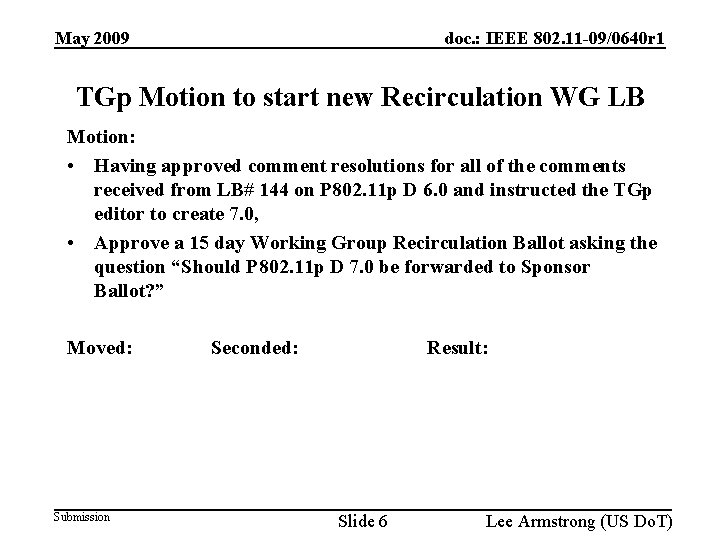 May 2009 doc. : IEEE 802. 11 -09/0640 r 1 TGp Motion to start