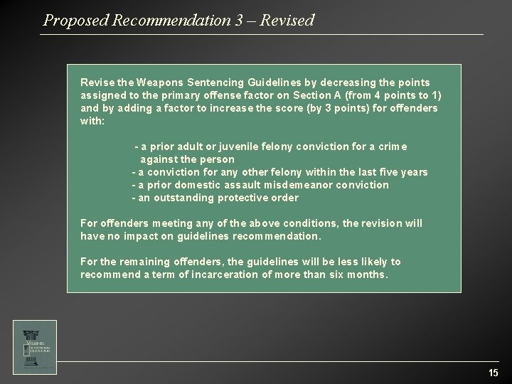 Proposed Recommendation 3 – Revised Revise the Weapons Sentencing Guidelines by decreasing the points