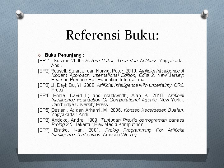 Referensi Buku: O Buku Penunjang : [BP 1] Kusrini. 2006. Sistem Pakar, Teori dan