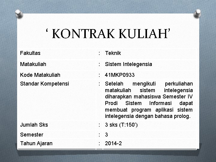 ‘ KONTRAK KULIAH’ Fakultas : Teknik Matakuliah : Sistem Intelegensia Kode Matakuliah : 41