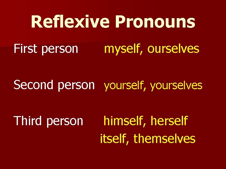 Reflexive Pronouns First person myself, ourselves Second person yourself, yourselves Third person himself, herself