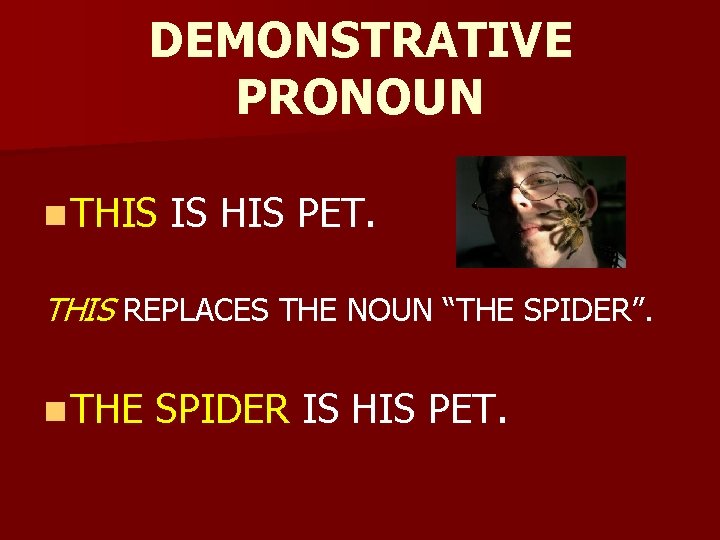 DEMONSTRATIVE PRONOUN n THIS IS HIS PET. THIS REPLACES THE NOUN “THE SPIDER”. n