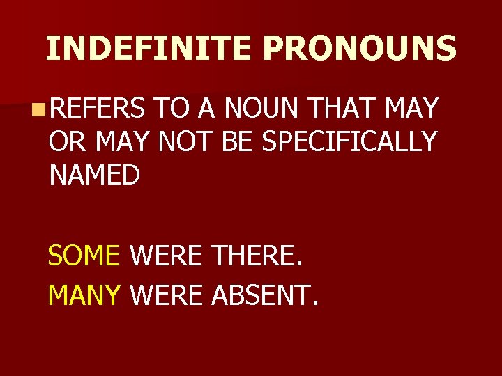INDEFINITE PRONOUNS n REFERS REFER TO A NOUN THAT MAY OR MAY NOT BE