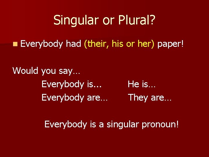 Singular or Plural? n Everybody had (their, his or her) paper! Would you say…