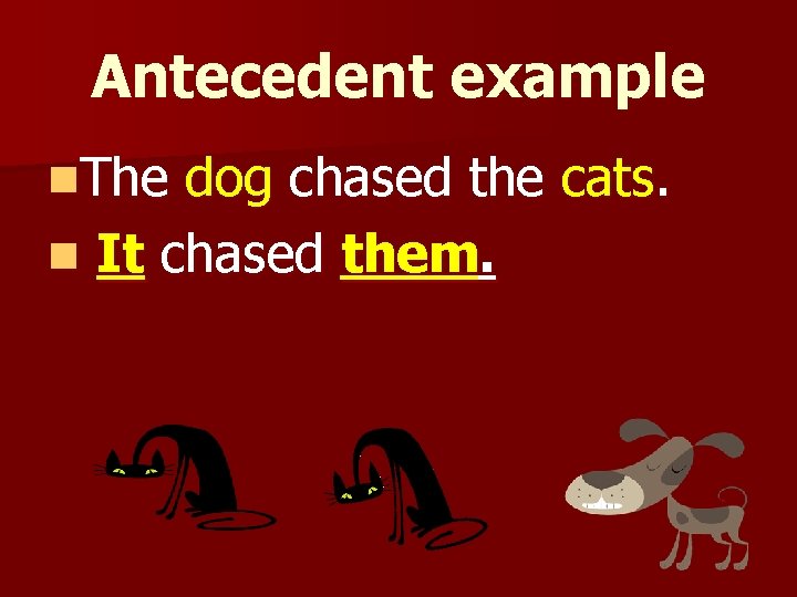 Antecedent example n. The dog chased the cats. n It chased them. 