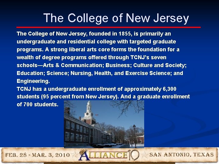 The College of New Jersey, founded in 1855, is primarily an undergraduate and residential The College of New Jersey, founded in 1855, is primarily an undergraduate and residential