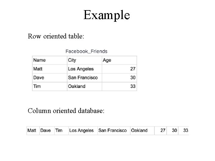 Example Row oriented table: Column oriented database: Example Row oriented table: Column oriented database: