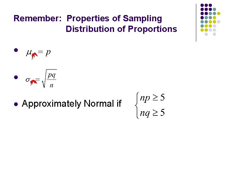 Remember: Properties of Sampling Distribution of Proportions l l l Approximately Normal if 