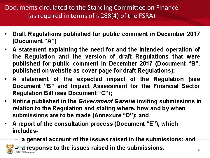 Documents circulated to the Standing Committee on Finance (as required in terms of s