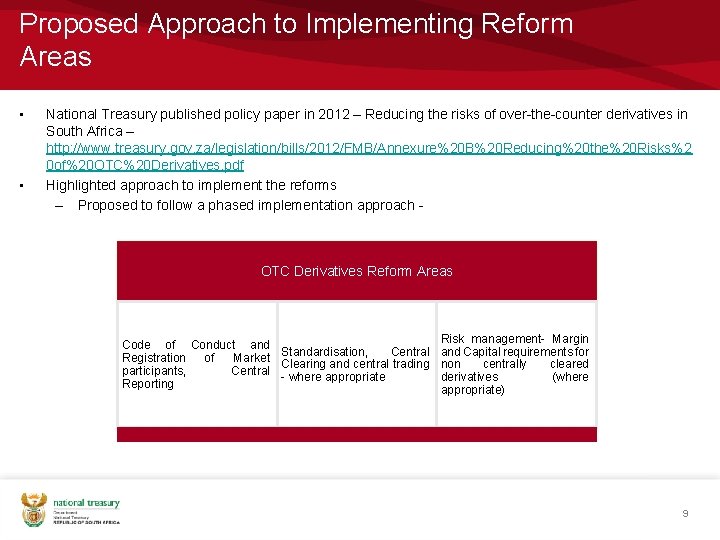 Proposed Approach to Implementing Reform Areas • • National Treasury published policy paper in