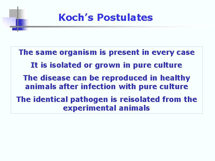 Koch’s Postulates The same organism is present in every case It is isolated or