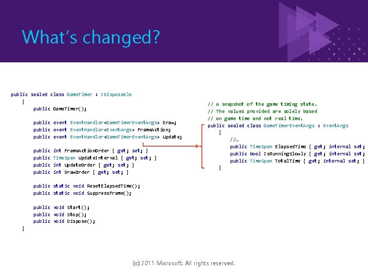 What’s changed? public sealed class Game. Timer : IDisposable { public Game. Timer(); public