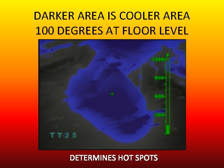 DARKER AREA IS COOLER AREA 100 DEGREES AT FLOOR LEVEL DETERMINES HOT SPOTS 