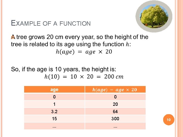 EXAMPLE OF A FUNCTION age 0 0 1 20 3. 2 64 15 300