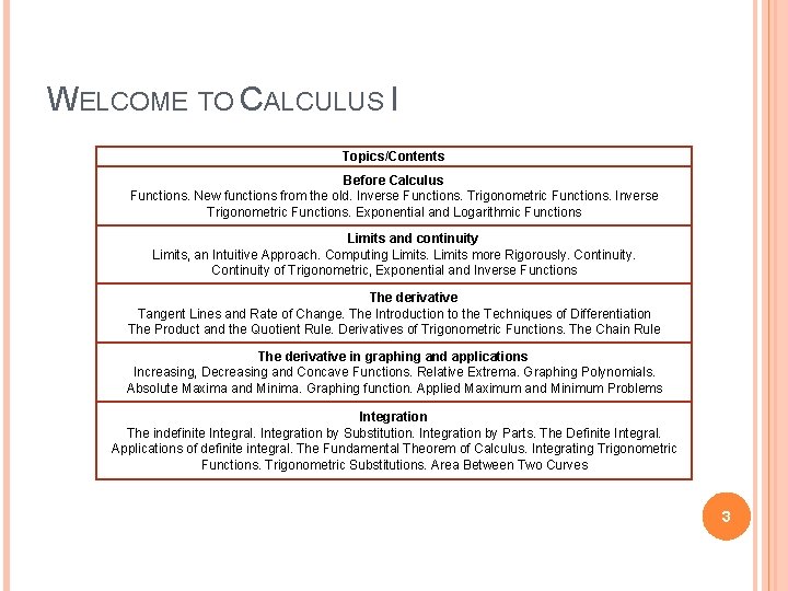 WELCOME TO CALCULUS I Topics/Contents Before Calculus Functions. New functions from the old. Inverse