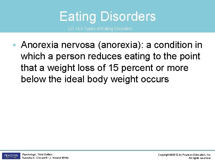 Eating Disorders LO 14. 6 Types of Eating Disorders • Anorexia nervosa (anorexia): a