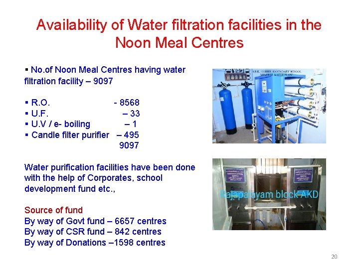 Availability of Water filtration facilities in the Noon Meal Centres § No. of Noon