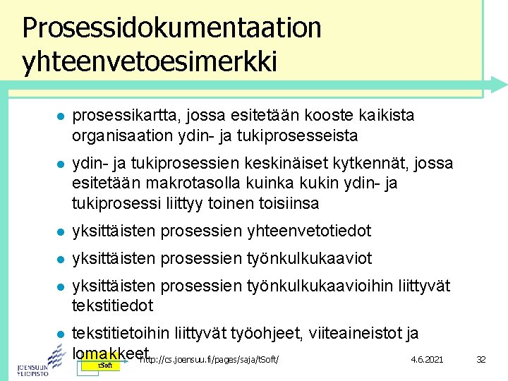 Prosessidokumentaation yhteenvetoesimerkki l prosessikartta, jossa esitetään kooste kaikista organisaation ydin- ja tukiprosesseista l ydin-