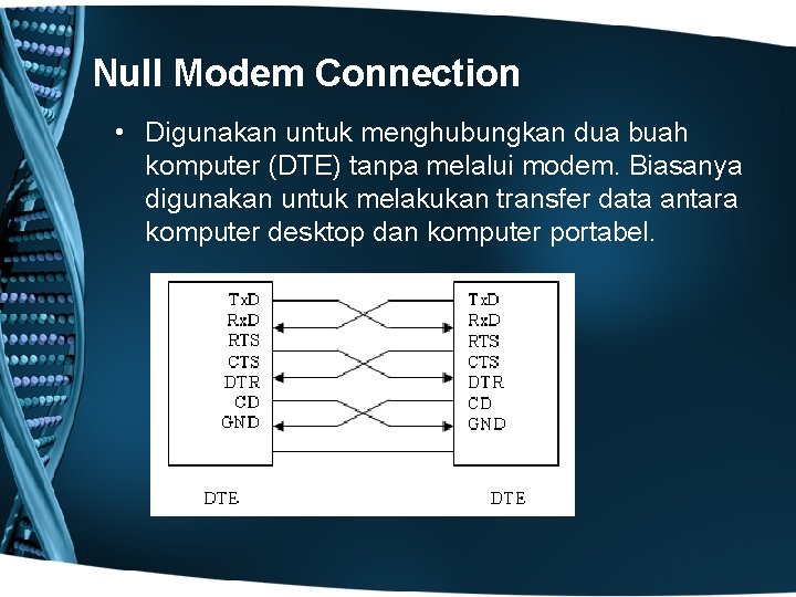 Null Modem Connection • Digunakan untuk menghubungkan dua buah komputer (DTE) tanpa melalui modem.