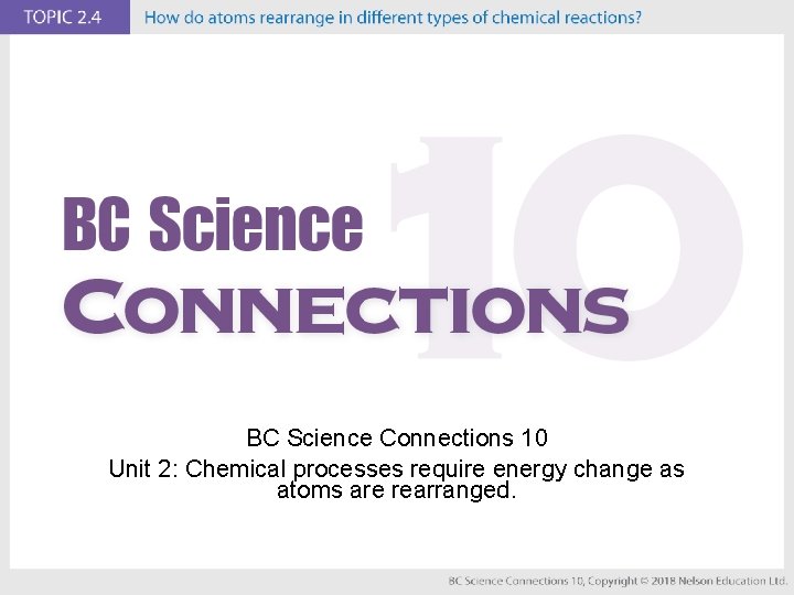 BC Science Connections 10 Unit 2: Chemical processes require energy change as atoms are