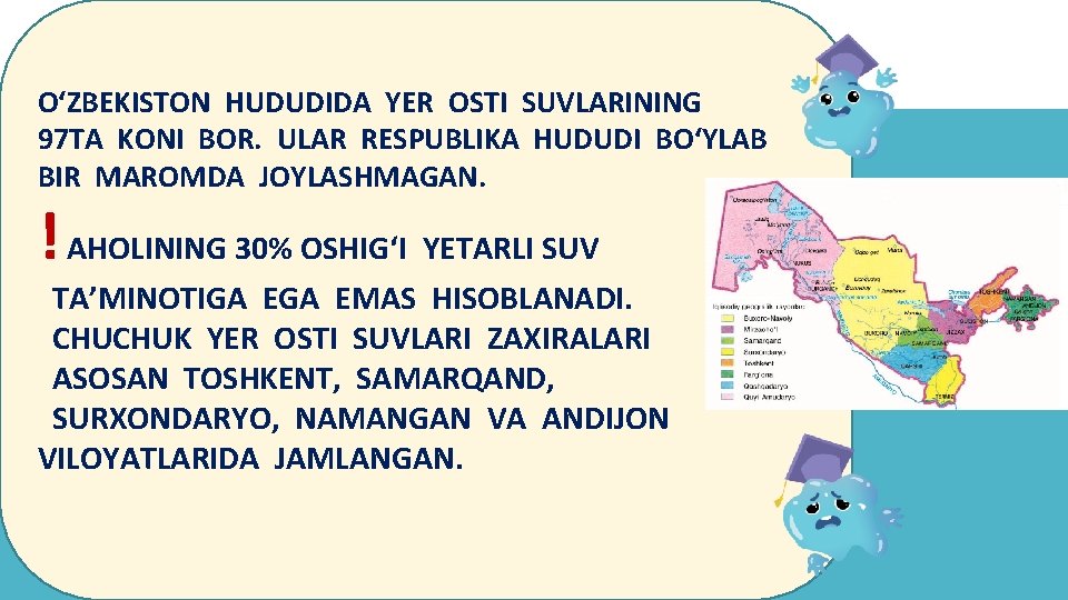O‘ZBEKISTON HUDUDIDA YER OSTI SUVLARINING 97 TA KONI BOR. ULAR RESPUBLIKA HUDUDI BO‘YLAB BIR O‘ZBEKISTON HUDUDIDA YER OSTI SUVLARINING 97 TA KONI BOR. ULAR RESPUBLIKA HUDUDI BO‘YLAB BIR