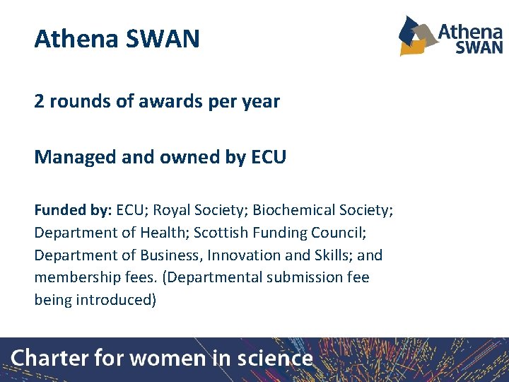 Athena SWAN 2 rounds of awards per year Managed and owned by ECU Funded